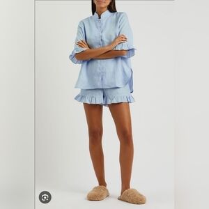 Sleeper 100% linen blue lounge short and shirt set, xsmall